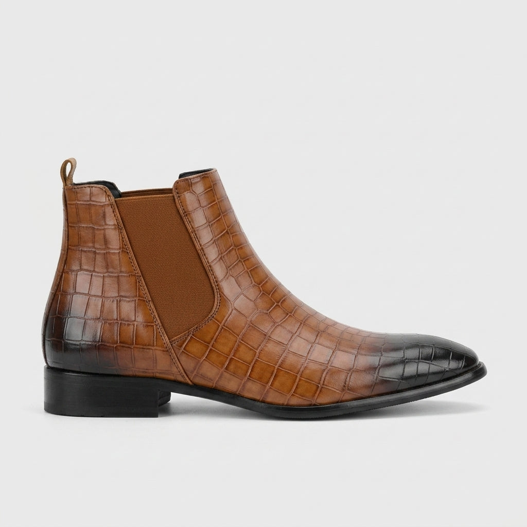 Men's Ankle Boots Crocodile Embossed Leather Chelsea Pull-On