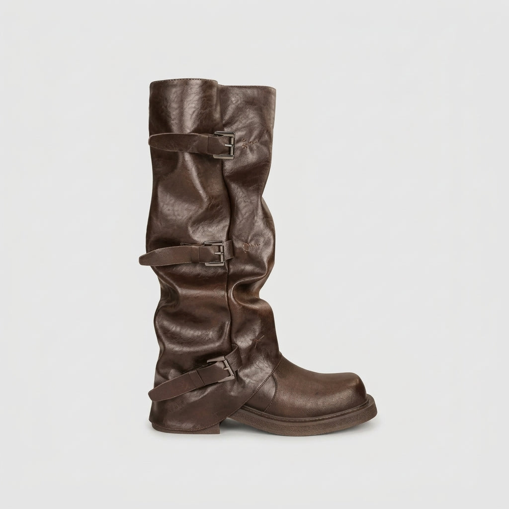 Women's Leather Knee High Boots Triple Buckle Strap Block Heel Biker