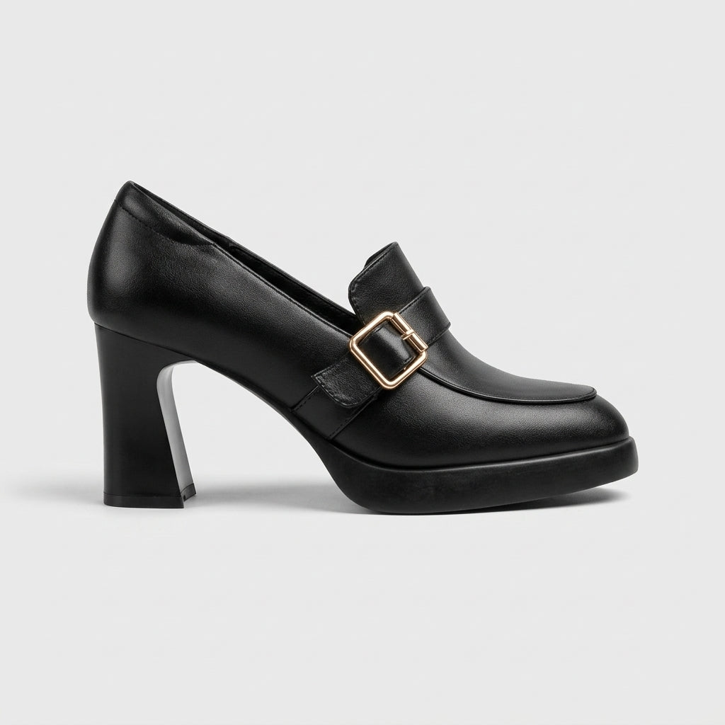 Women's Platform Loafers - Block Heels - Buckle Strap Detail