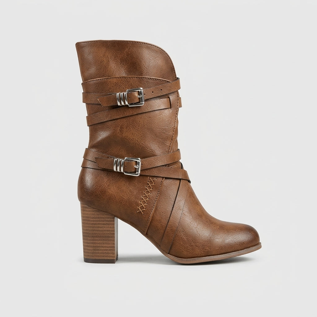 Women’s Mid-Calf Heeled Boots with Double Wrap Buckle Straps