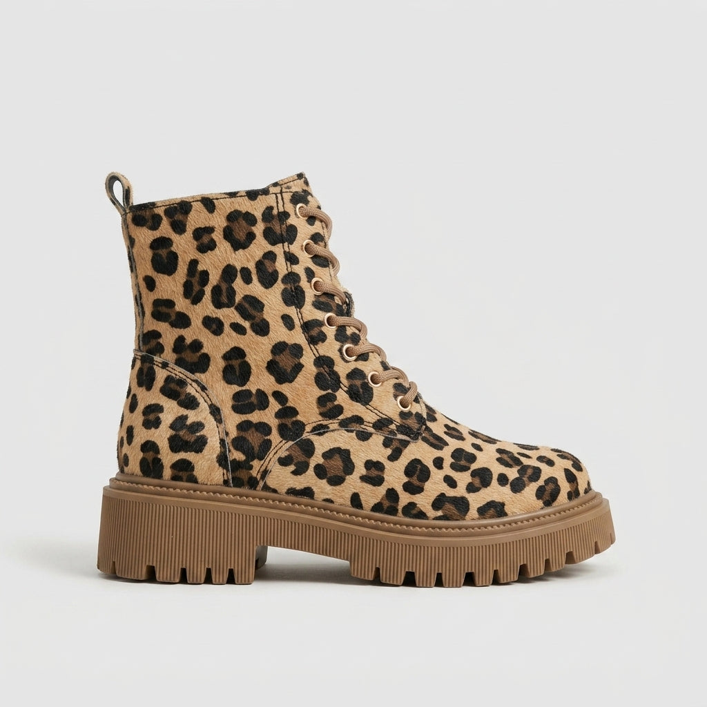 Women's Platform Boots Animal Print Lace-Up Ankle Combat Style