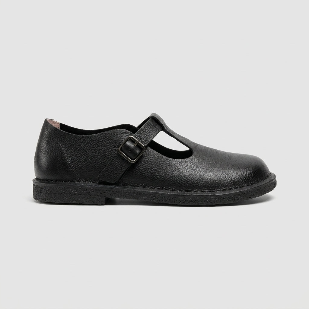 Women's Leather Flats Round Toe T-Strap Buckle Closure Mary Jane