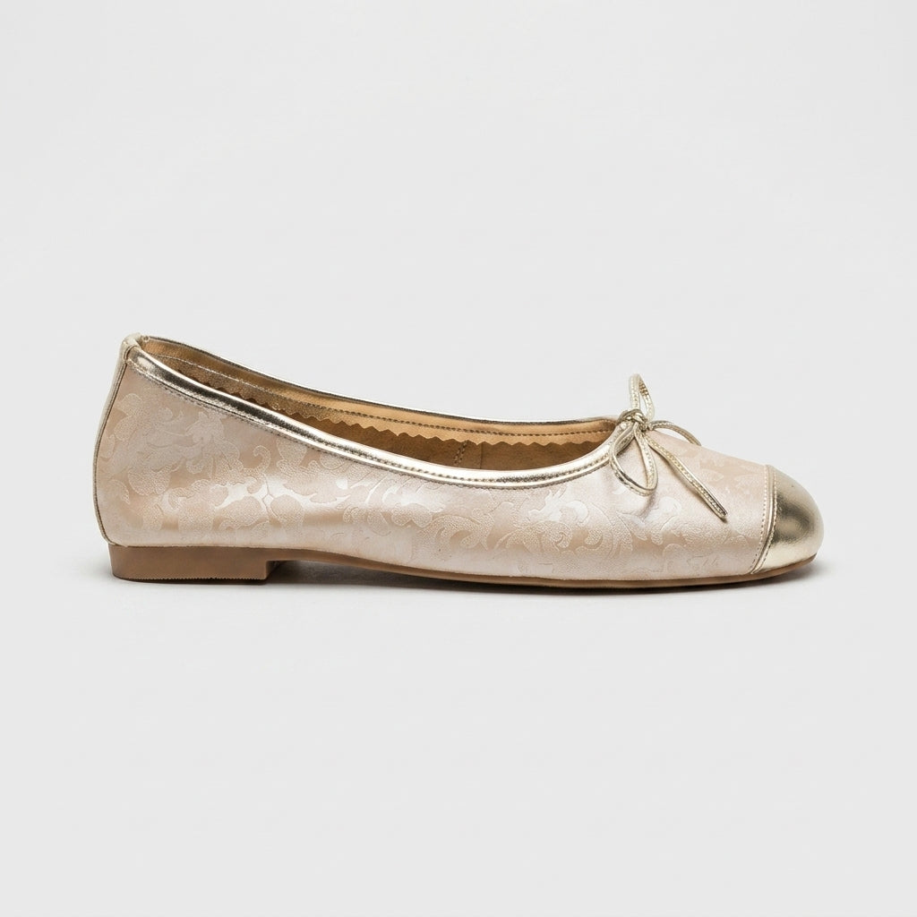 Women's Flats - Round Toe - Bow Detail - Metallic Cap Toe - Slip-On
