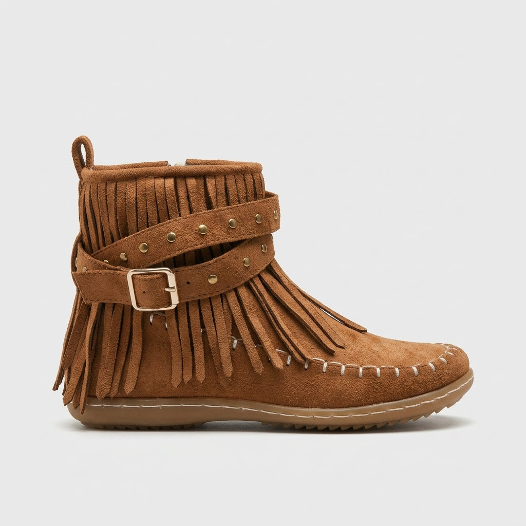 Women's Ankle Boots Fringe Detail Moccasin Toe Buckle Strap