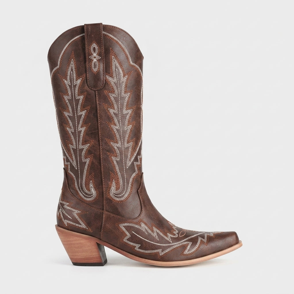 Women's Western Knee-High Boots Embroidery Pointed Toe Stacked Heel