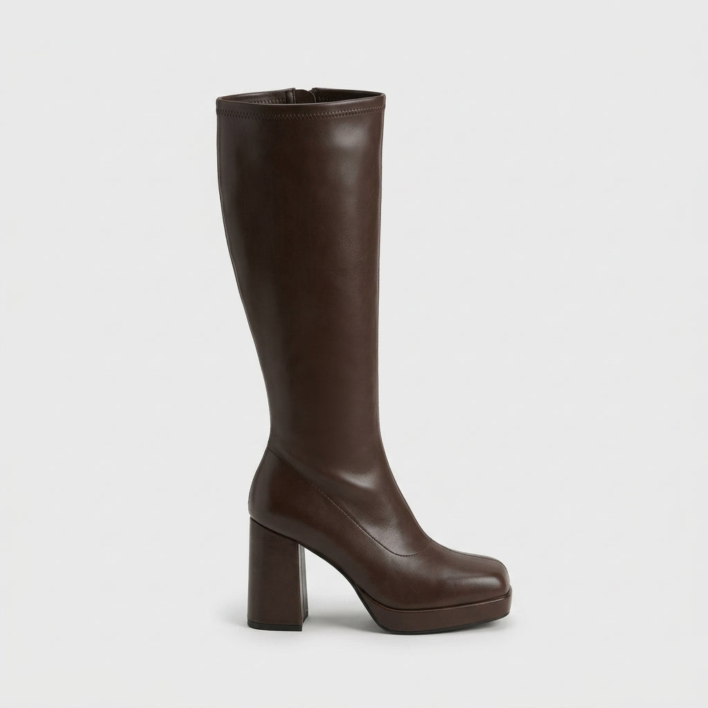 Women's Knee High Boots - Platform Block Heel - Glossy Finish