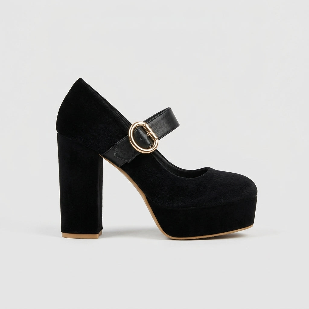 Women's Mary Jane Heels Platform Block Heel Round Toe Velvet