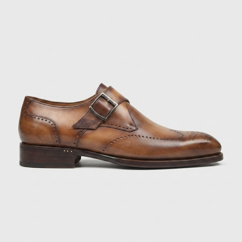 Men's Monk Strap Shoes Wingtip Brogue Low Block Heel