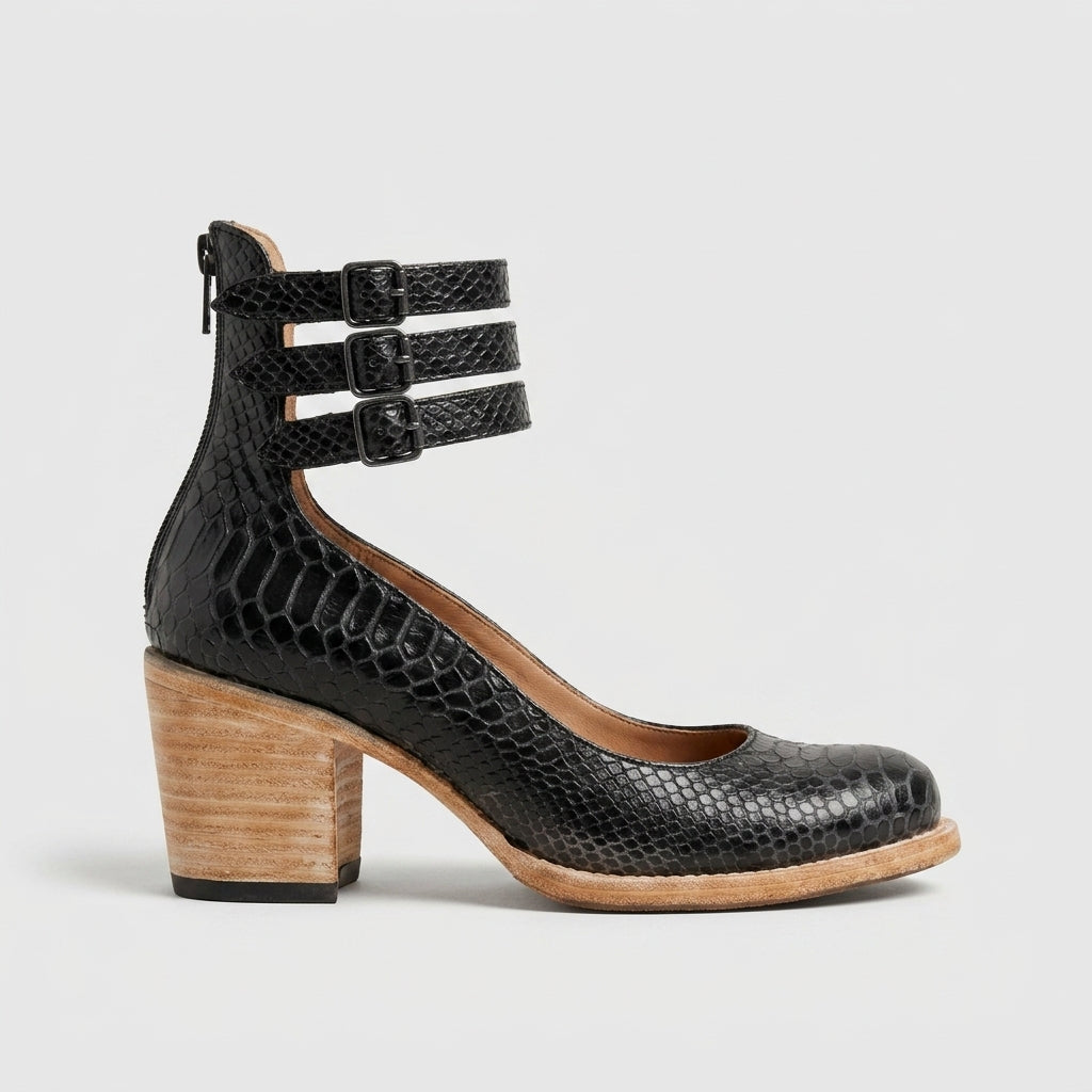 Women's Heels Round Toe Block Heel Buckled Ankle Straps Cut-Out