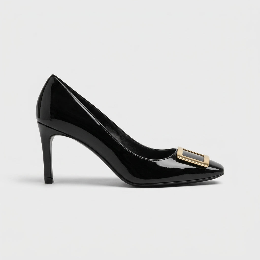 Women's Heels Square Toe Mid Stiletto Metal Buckle Patent Leather