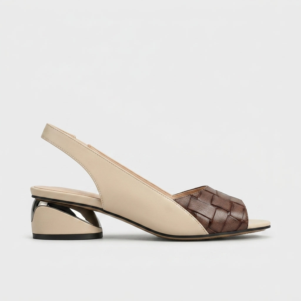 Women's Slingback Sandals - Open Toe - Low Block Heel - Woven Detail