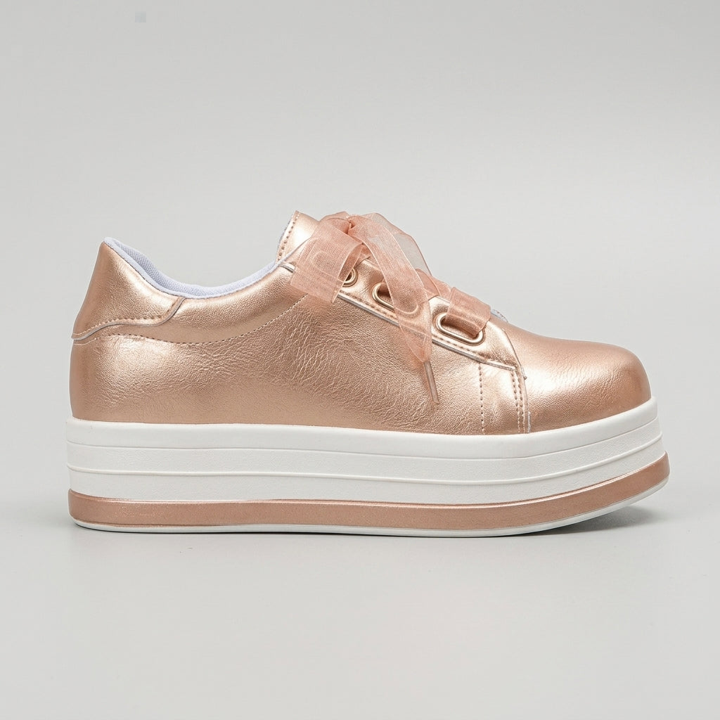 Women's Platform Sneakers Low-Top Lace-Up Metallic Upper