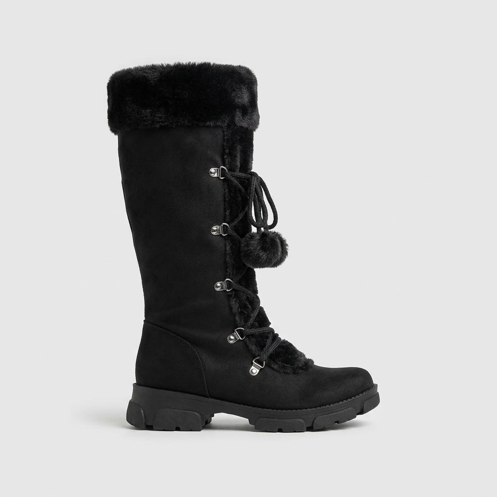 Women's Knee High Boots Lace-Up Faux Fur Cuff Pom Pom Side Zip