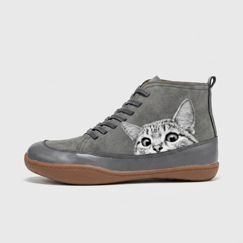 Women's Ankle Boots Lace-Up Cat Print Round Toe Flat Sole