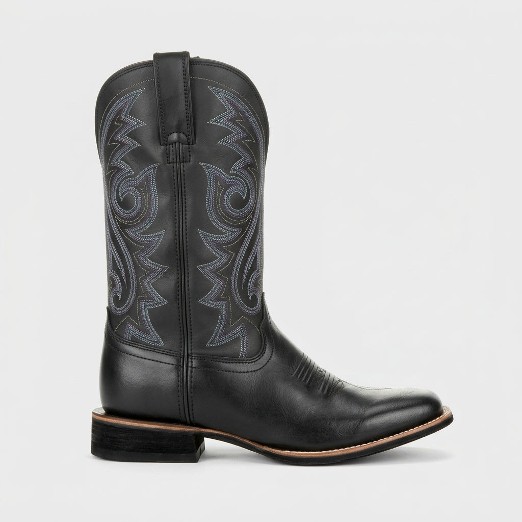 Men’s Western Cowboy Boots with Embroidered Shaft, Square Toe and Stacked Heel