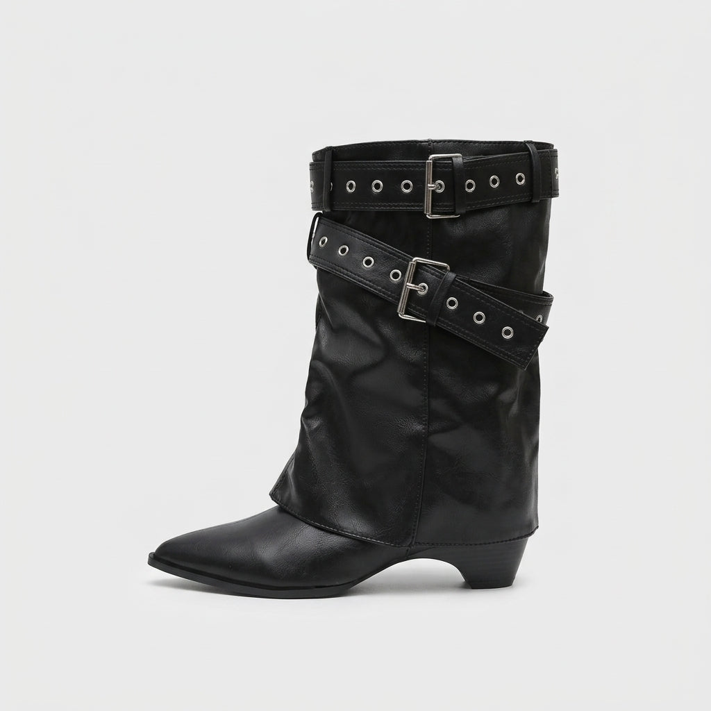 Women's Boots Pointed Toe Mid-Calf Double Buckle Straps Low Block Heel