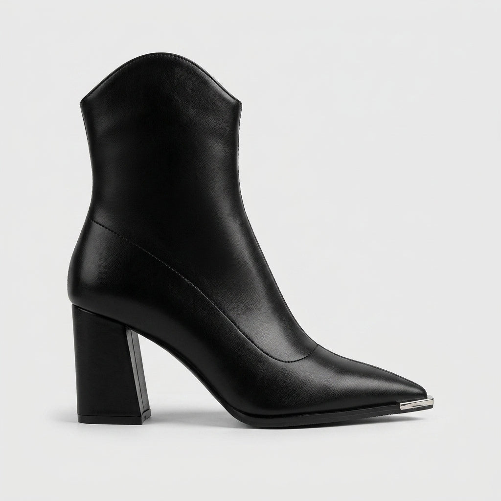 Women's Ankle Boots - Pointed Toe - Block Heel - Metallic Toe Cap