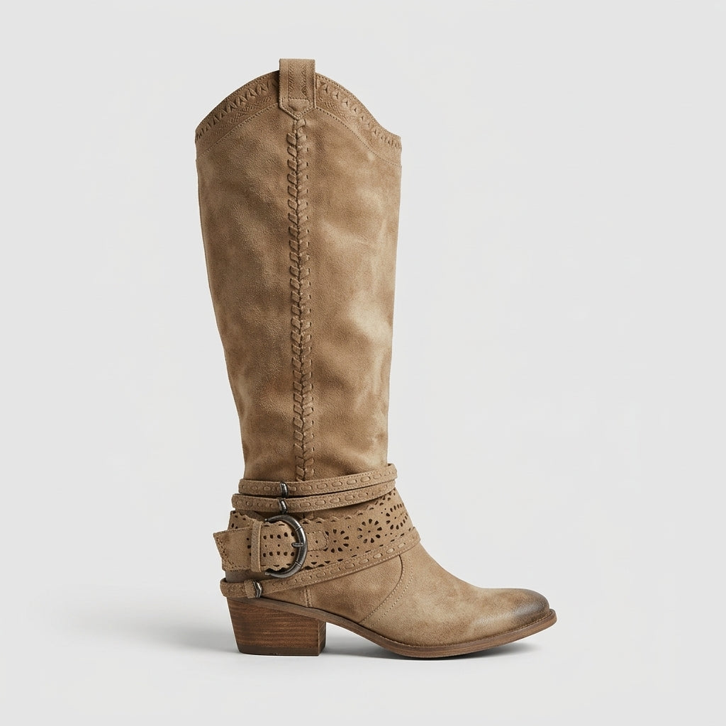 Women's Boho Knee High Boots Western Buckle Strap Block Heel