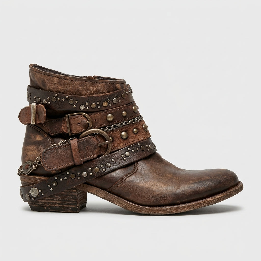 Women's Ankle Boots Studded Leather Straps Chain Detail