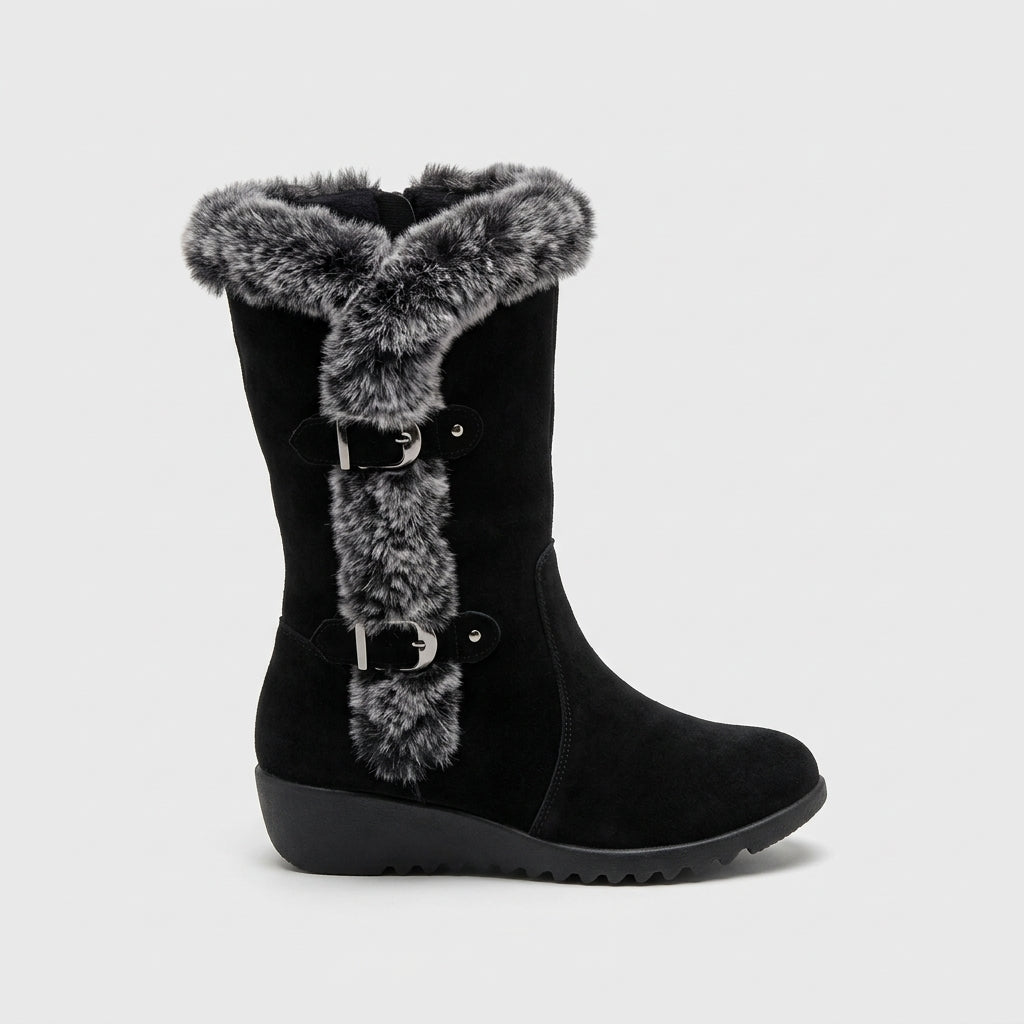 Women's Boots Mid-Calf Faux Fur Trim Double Buckle Wedge