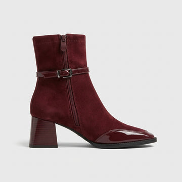 Women's Ankle Boots Square Toe Block Heel Side Zip Buckle Strap