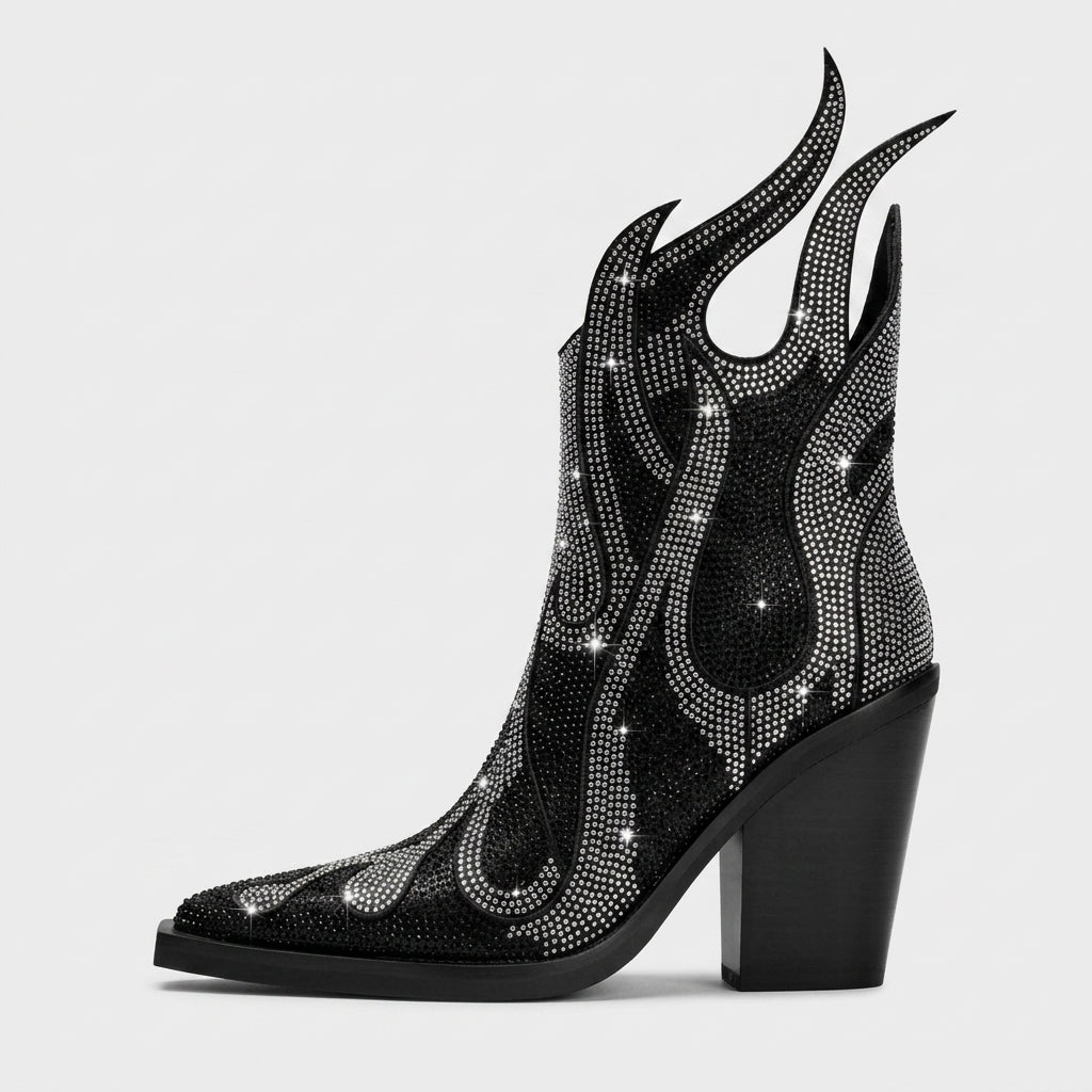 Women's Ankle Boots - Pointed Toe - Block Heel - Rhinestone - Zipper