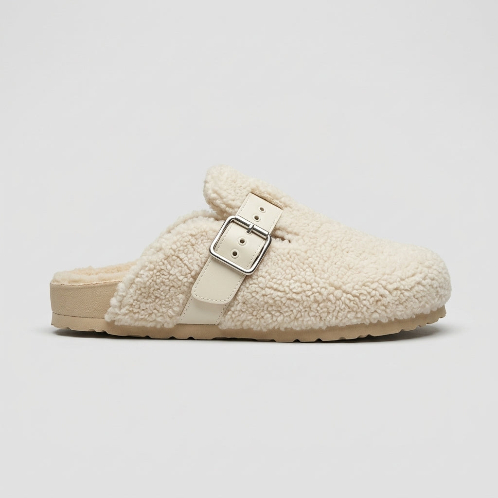 Women's Slippers - Closed Toe - Fleece Upper - Buckle Strap - Cork Sole