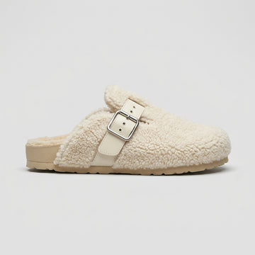 Women's Slippers - Closed Toe - Fleece Upper - Buckle Strap - Cork Sole
