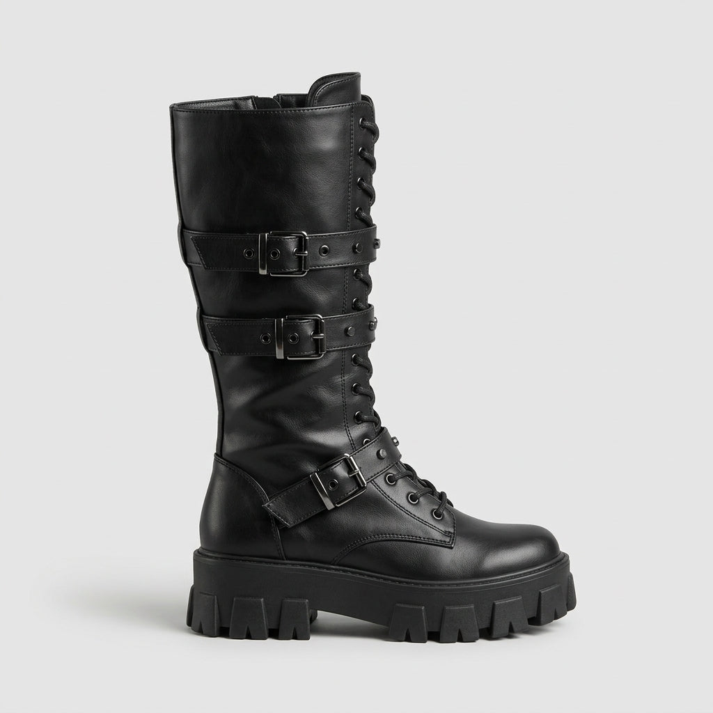 Women's Combat Boots with Triple Buckle Straps and Lugged Platform Sole