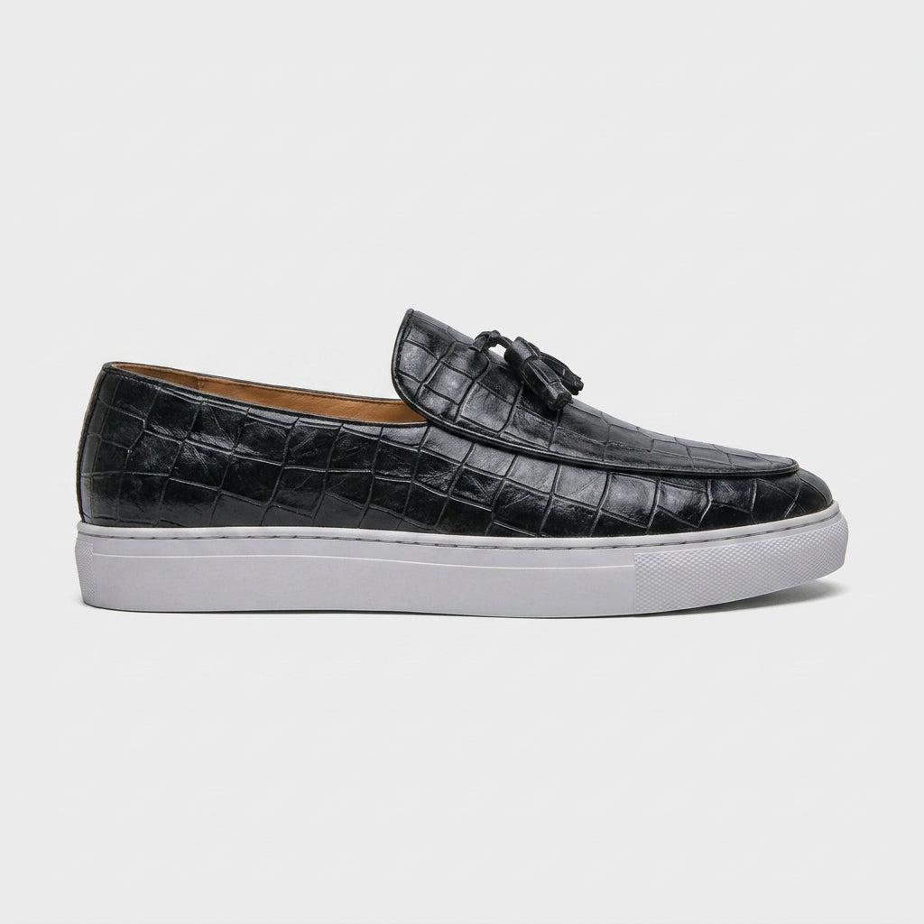 Men's Platform Loafers Croc-Embossed Slip-On with Tassel Detail