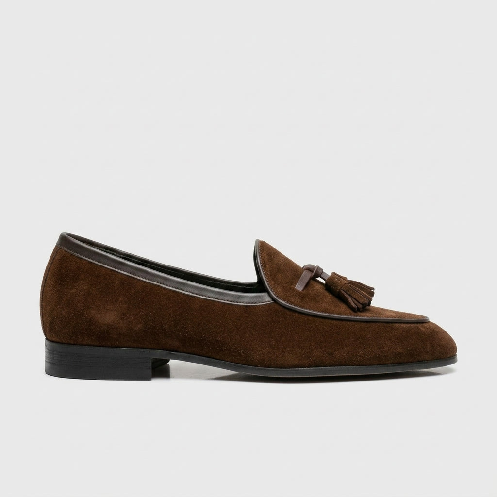 Men's Genuine Leather Tassel Loafers Slip-On Low Heel Rounded Toe