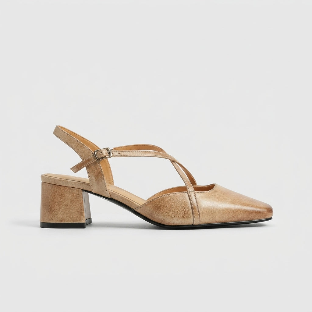 Women's Heels Square Toe Slingback Cross Strap Block Heel Leather