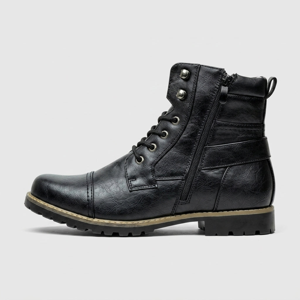 Men's Ankle Boots - Cap Toe - Lace-Up - Side Zip - Buckle Strap
