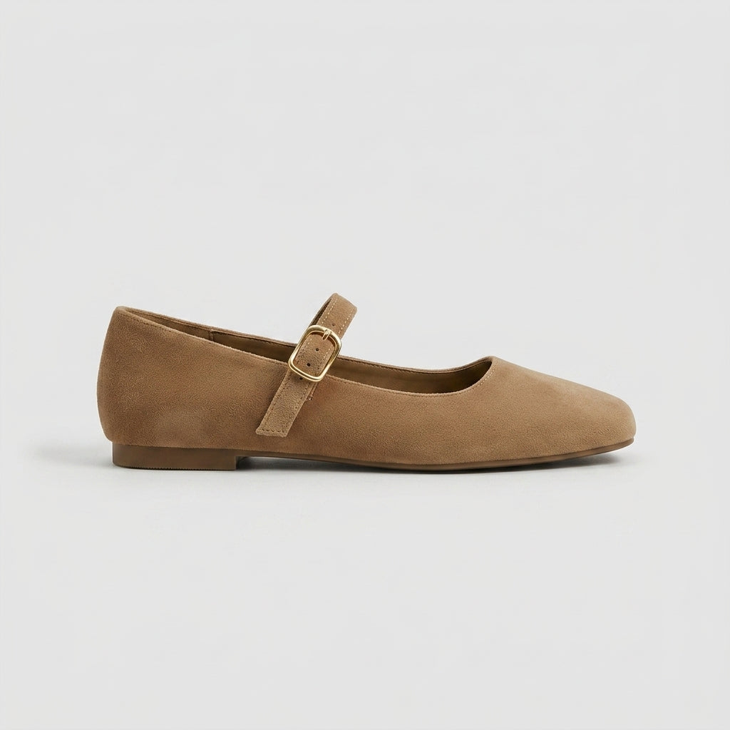 Women's Mary Jane Ballet Flats – Suede Round Toe with Single Strap and Gold-Tone Buckle