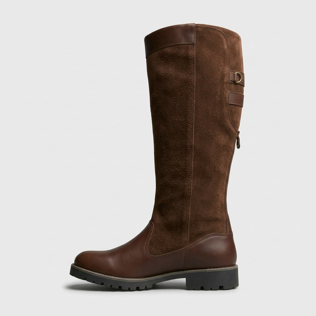 Women's Knee High Boots Buckled Water-Resistant Pull-On Low Heel