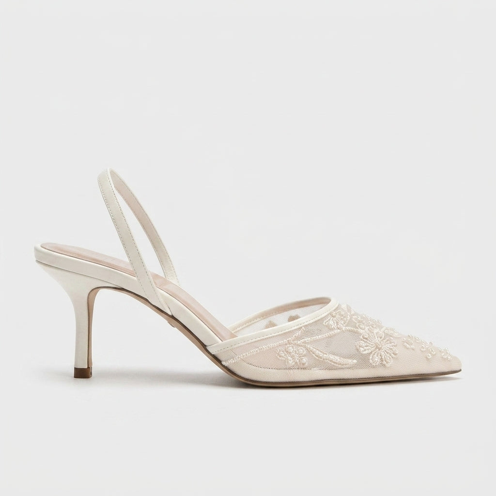 Women's Kitten Heels Embroidered Mesh Pointed Toe Slingback