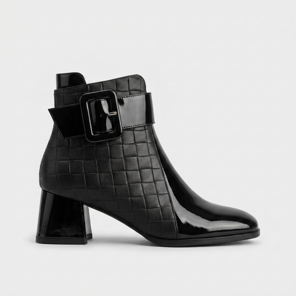 Women's Ankle Boots Square Toe Block Heel Buckle Strap Croc-Embossed
