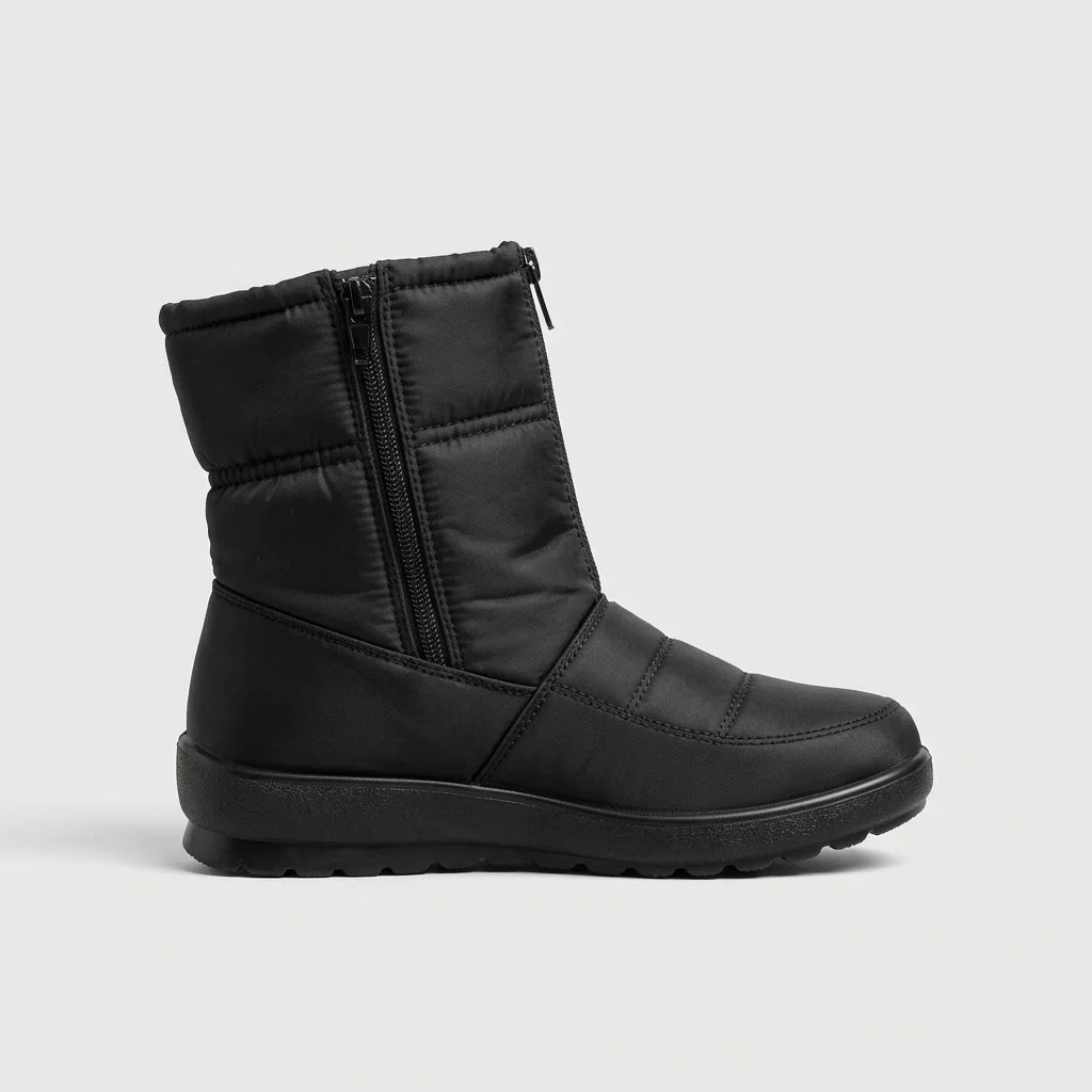 Women’s Quilted Snow Boots with Front Zip, Padded Shaft and Flat Sole