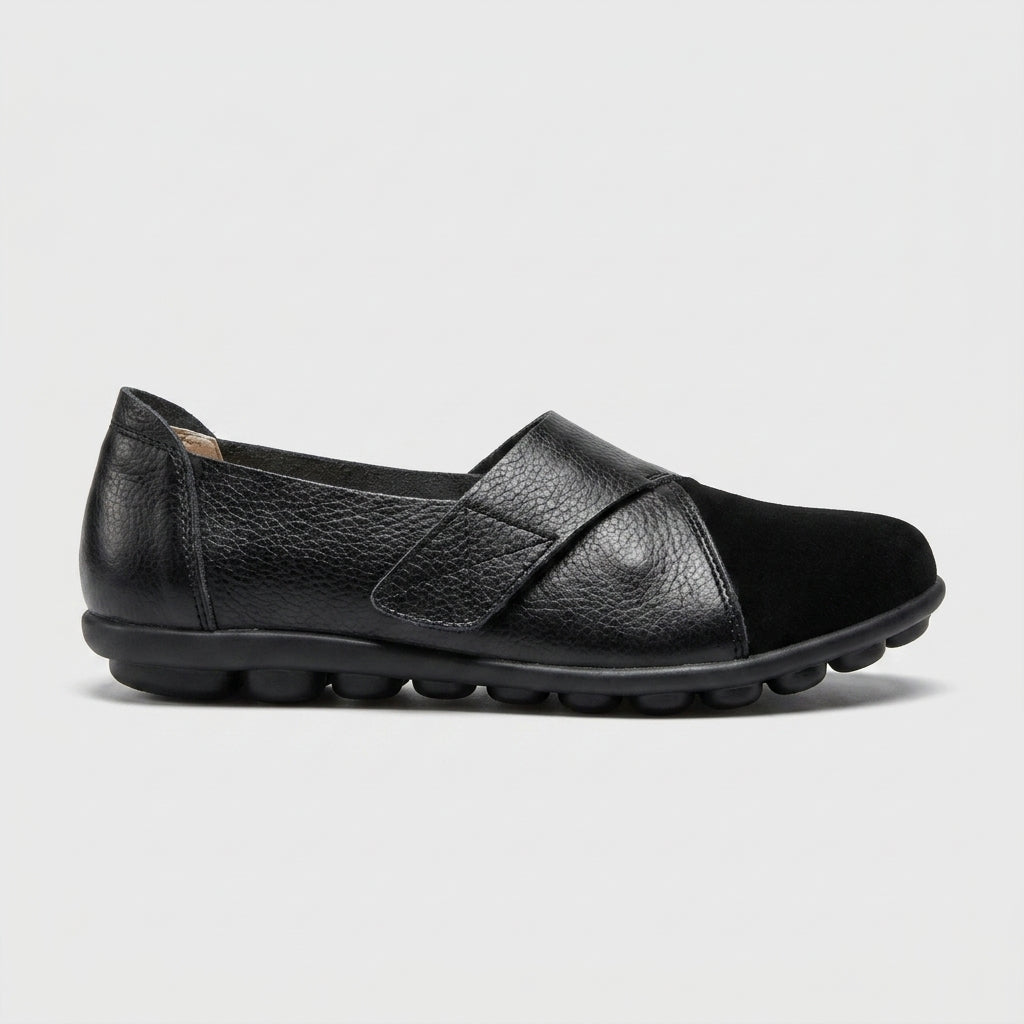 Women's Flats Slip-On Leather Panel Ridged Sole Round Toe