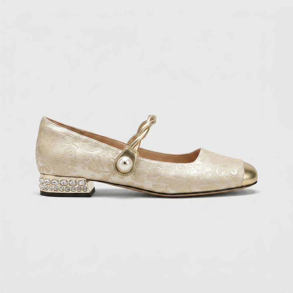Women's Mary Jane Jacquard Block Heel Shoes - Rhinestone Heel Detail