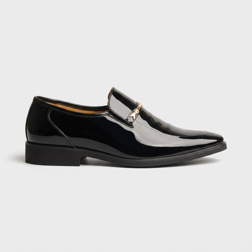 Men’s Patent Slip-On Dress Shoes with Pointed Toe and Metal Bar Detail