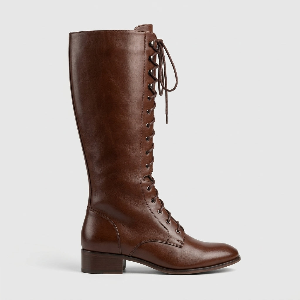 Women's Knee High Boots - Lace-Up - Block Heel - Round Toe