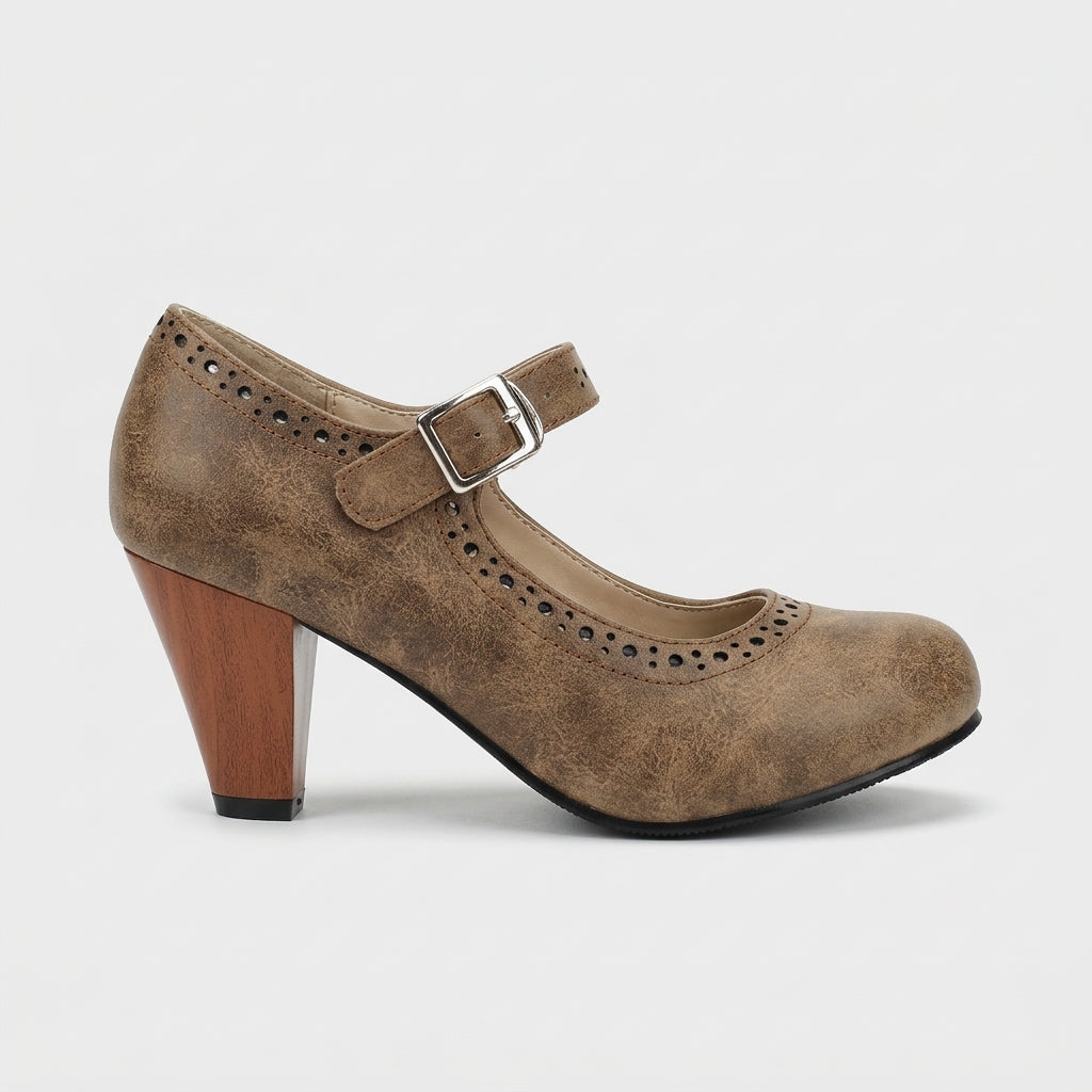 Women's Mary Jane Heels Perforated Brogue Buckle Ankle Strap Block