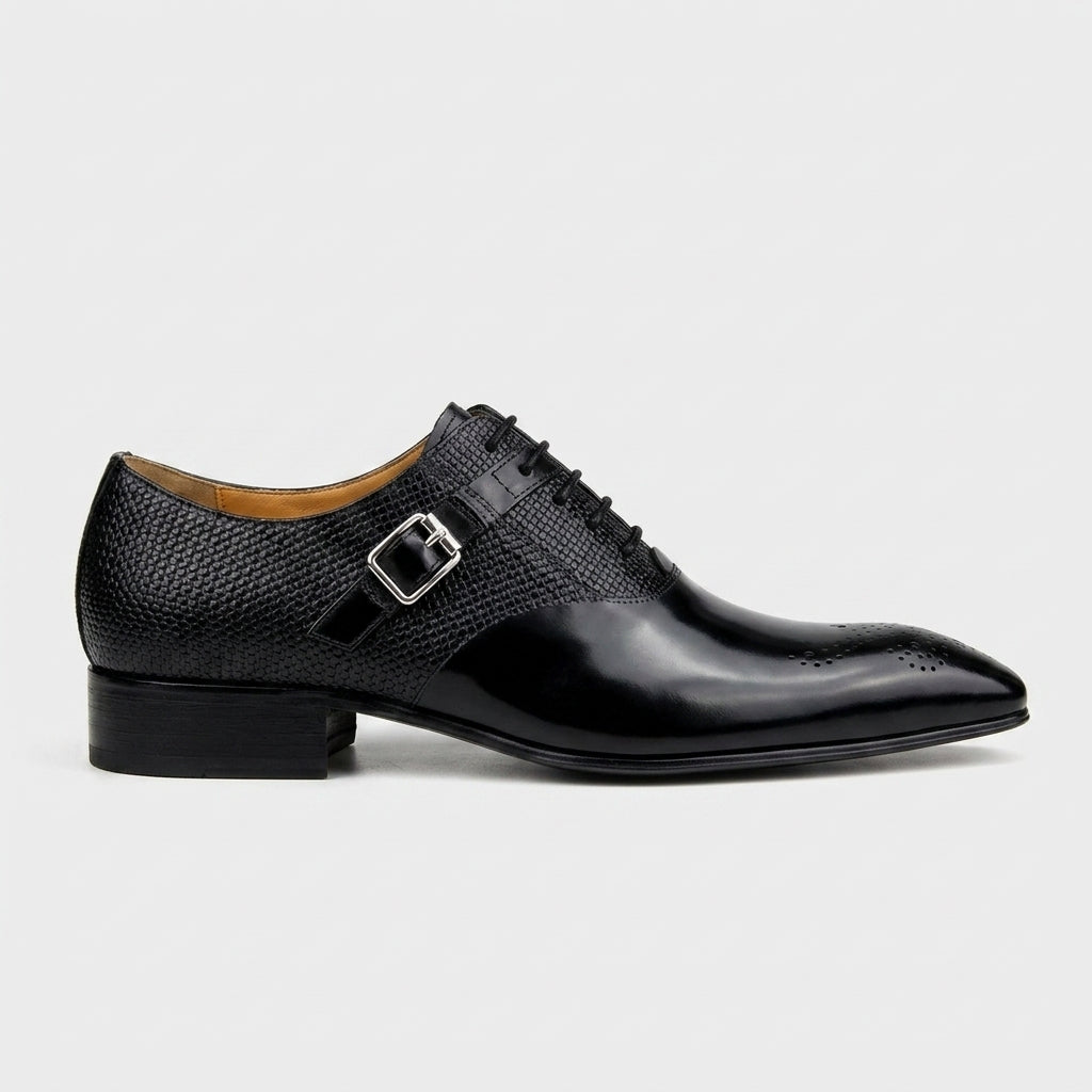 Men's Lace-Up Oxford Monk Strap Dress Shoes – Pointed Toe Brogue Detail Leather