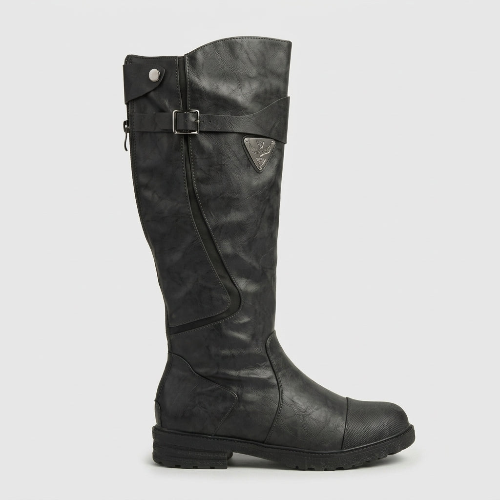 Women's Knee High Boots - Low Block Heel - Buckle Strap - Zipper