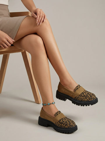 Women's Platform Loafers Leopard Print - Elastic Strap - Lug Sole
