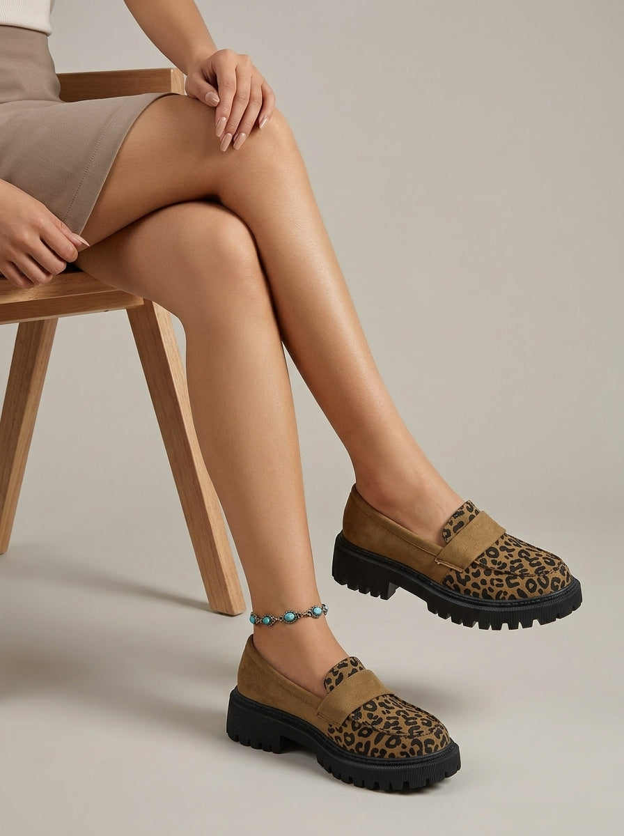 Women's Platform Loafers Leopard Print - Elastic Strap - Lug Sole