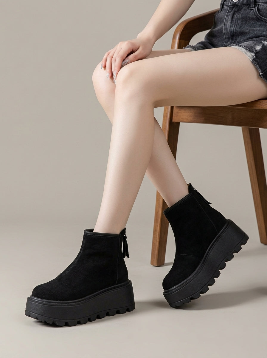 Women's Platform Boots Suede Ankle Chelsea Zip Back Tab