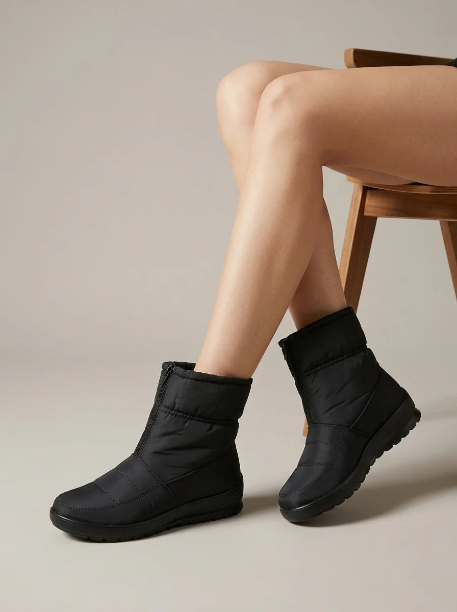 Women’s Quilted Snow Boots with Front Zip, Padded Shaft and Flat Sole
