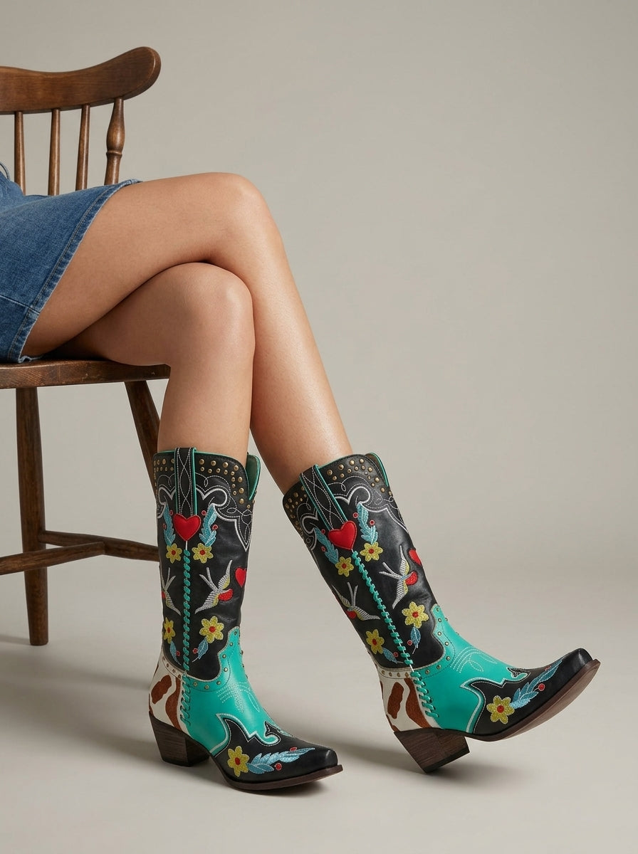 Women's Knee High Boots - Embroidered Block Heel Western Style
